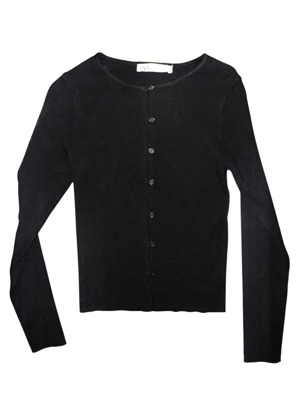 Black Ribbed Button-Front Crop Cardigan - Picture 4 of 6